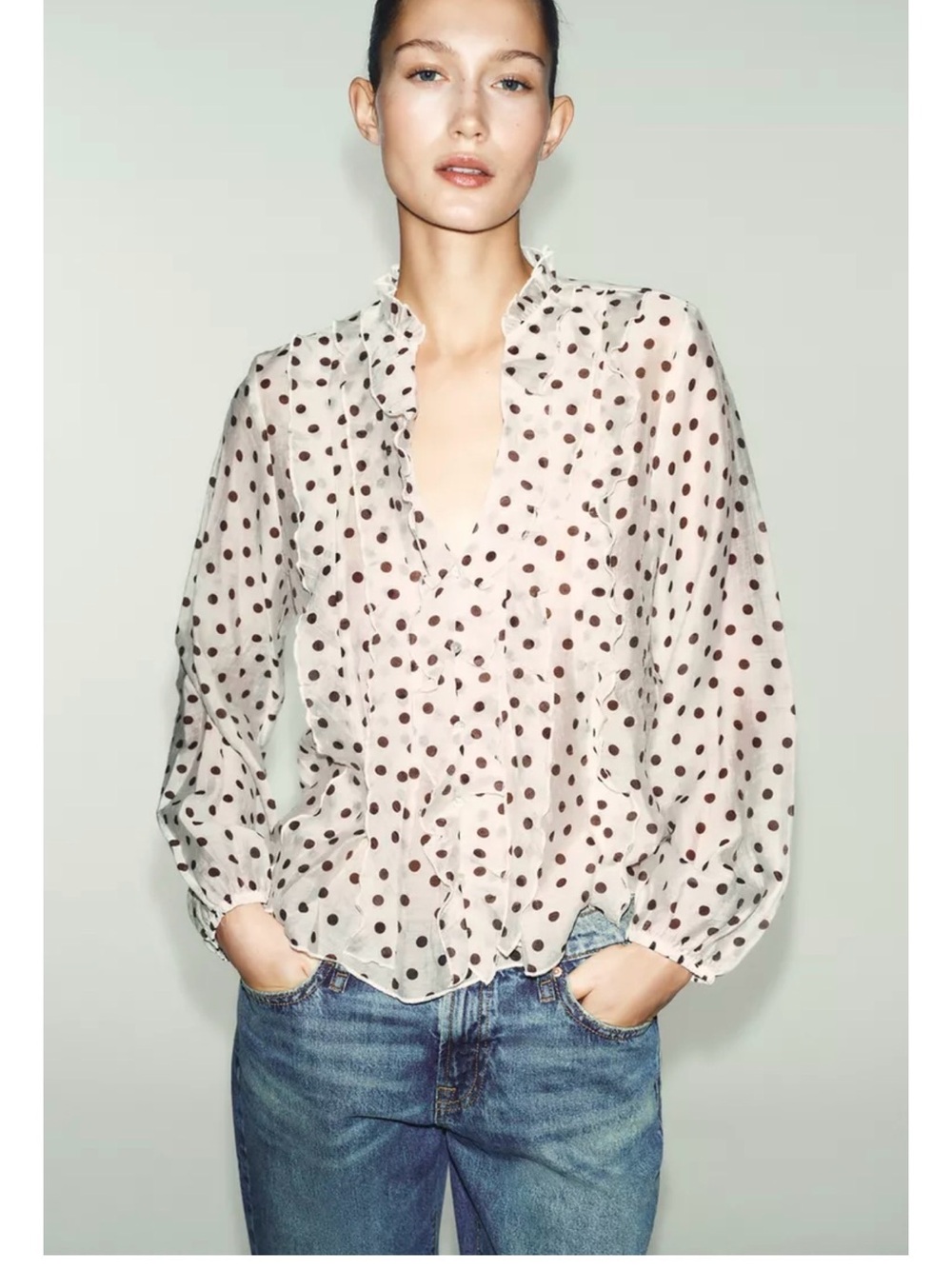 Zara White Blouse with Brown Polka Dots and Ruffle Trim